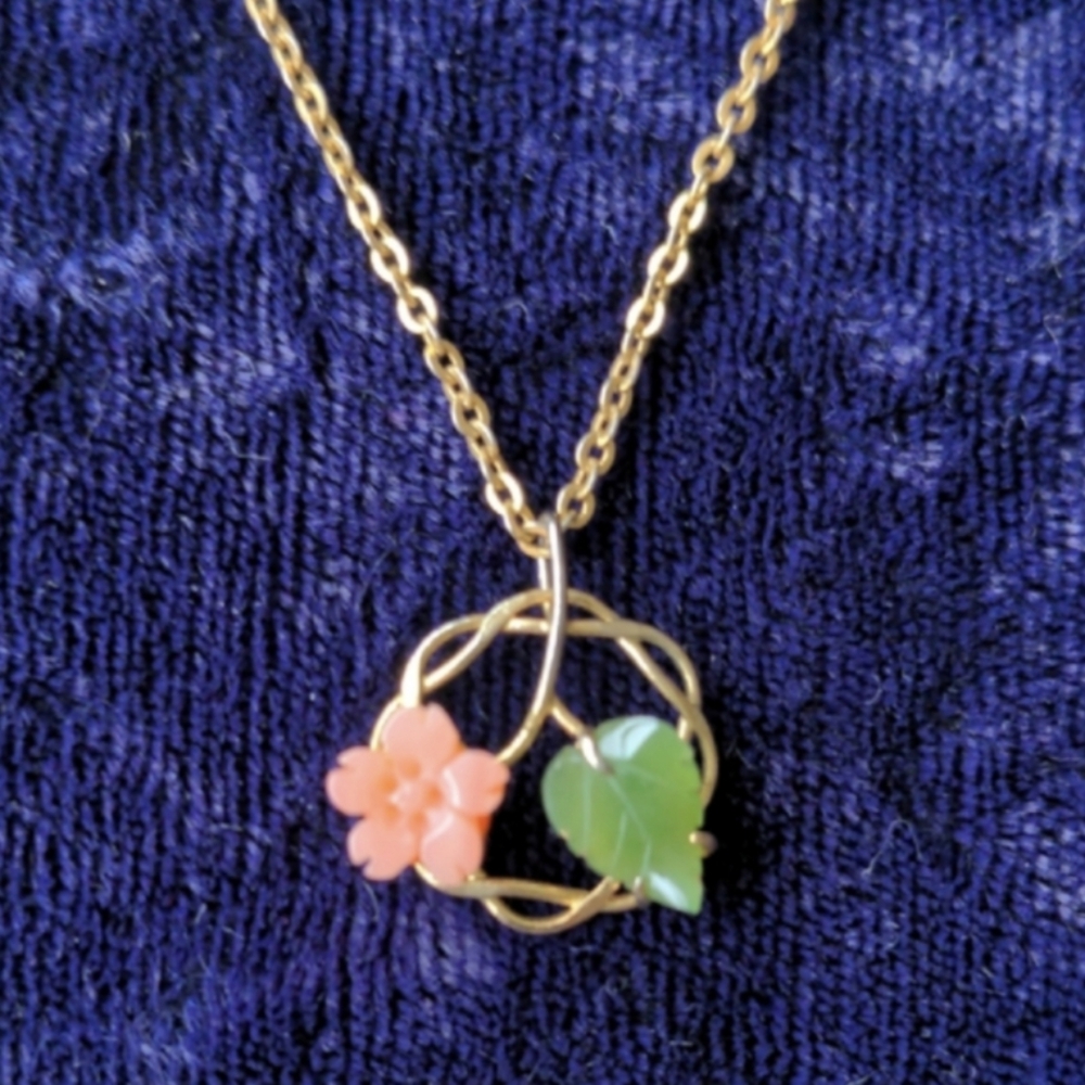 Vintage 14K Gold Plated Flower Necklace, Carved Angel Skin Coral And Jade
